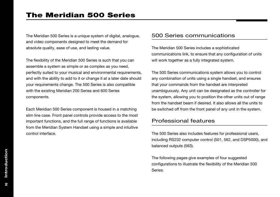 The meridian 500 series, Meridian 500 series, Communications | Meridian system handset, 500 series communications, Professional features | Meridian Audio 501 User Manual | Page 6 / 50