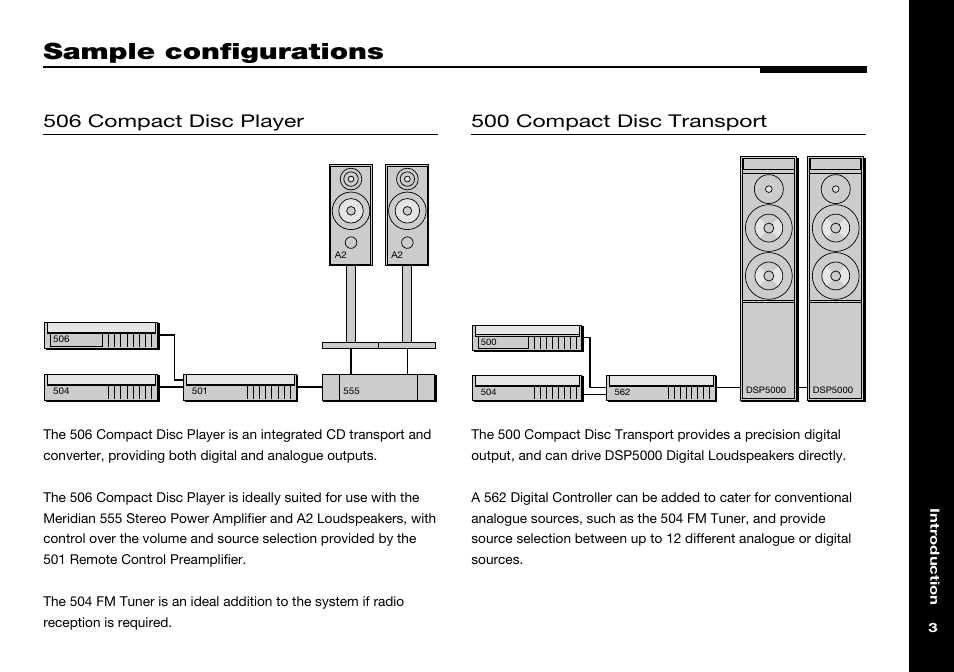 Sample configurations, 500 compact disc transport, 501 remote control preamplifier | 504 fm tuner, 506 compact disc player, 555 stereo power amplifier, 562 digital controller, Meridian a2 loudspeakers, Meridian dsp5000 digital loudspeakers | Meridian Audio 501 User Manual | Page 7 / 50