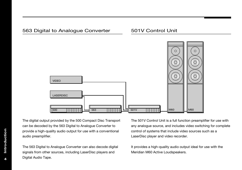 501v control unit, 563 digital to analogue converter, Meridian m60 active loudspeakers | Meridian Audio 501 User Manual | Page 8 / 50