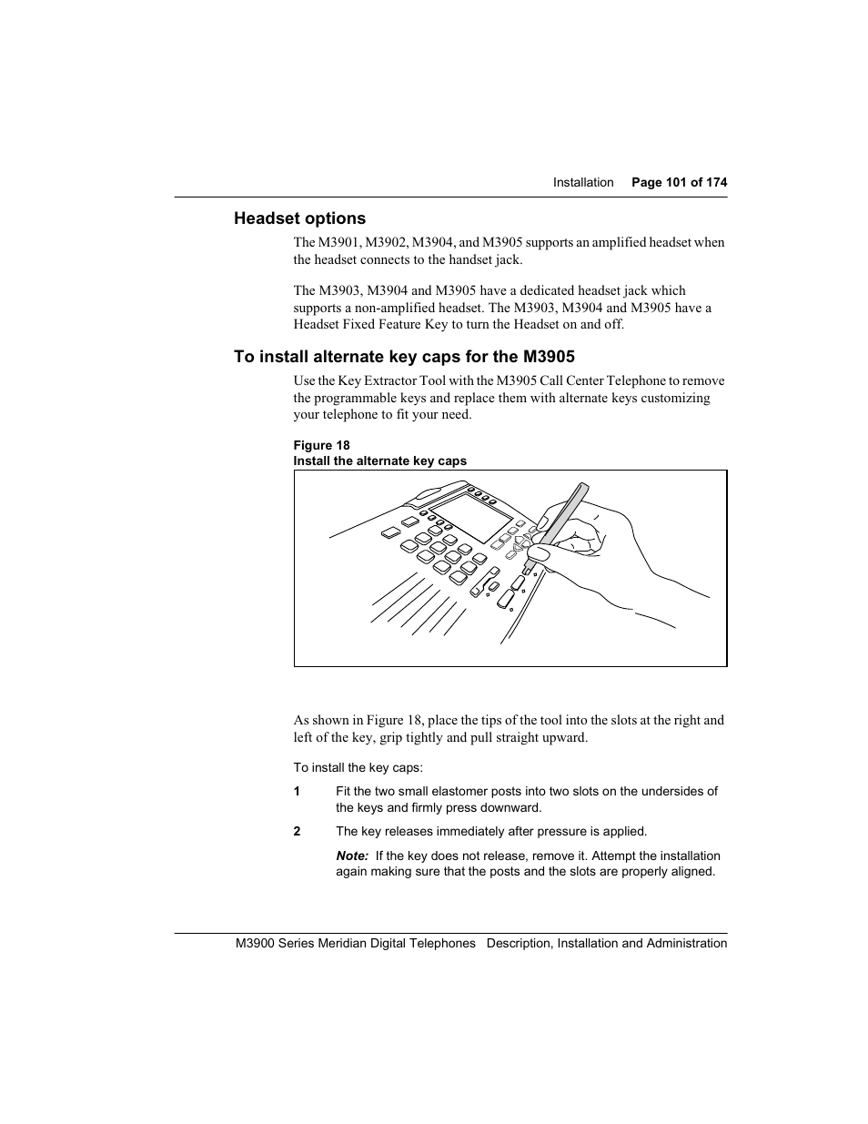 Headset options, To install alternate key caps for the m3905 | Meridian Audio M3900 User Manual | Page 101 / 176