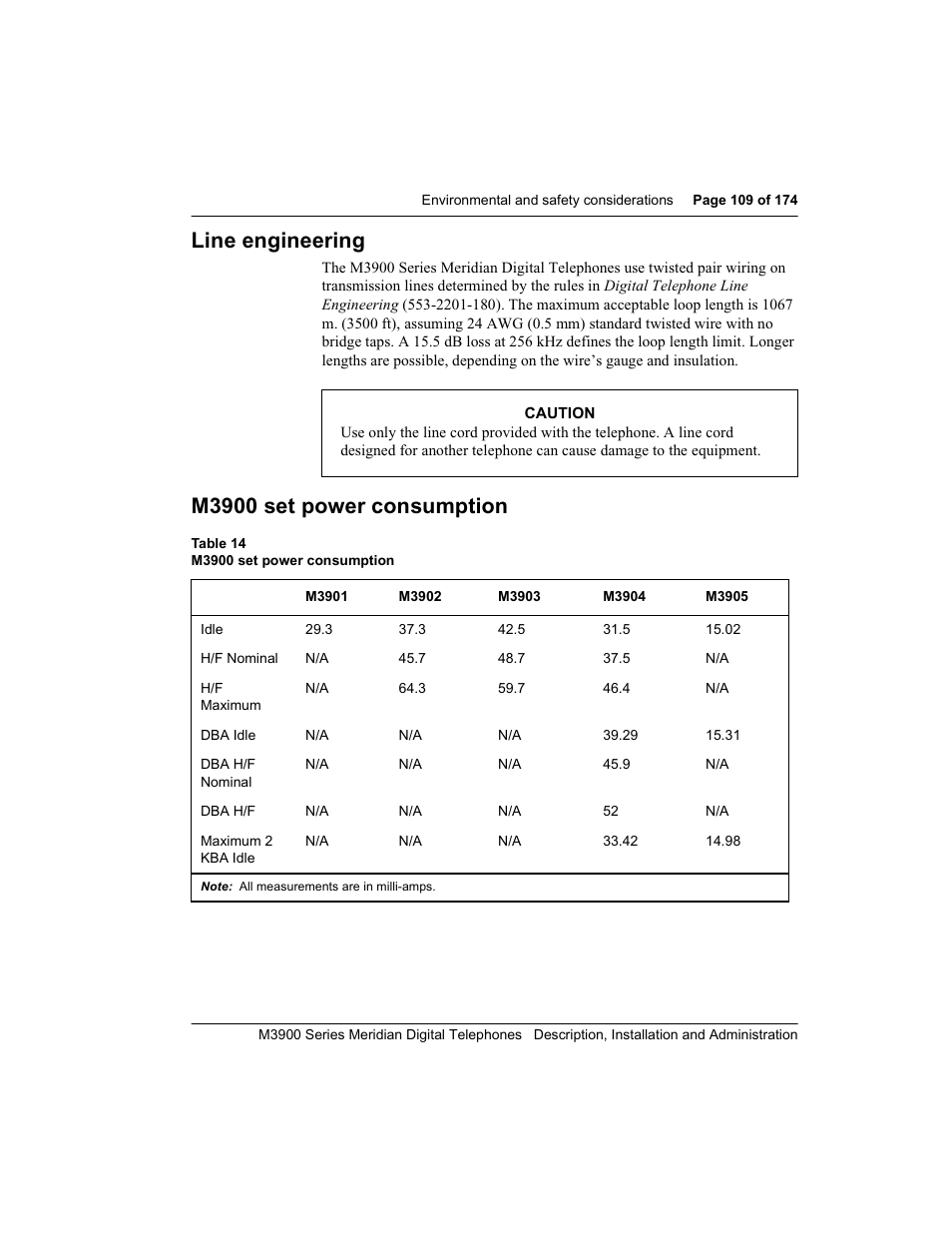 Line engineering, M3900 set power consumption, Line eng ineering | Meridian Audio M3900 User Manual | Page 109 / 176