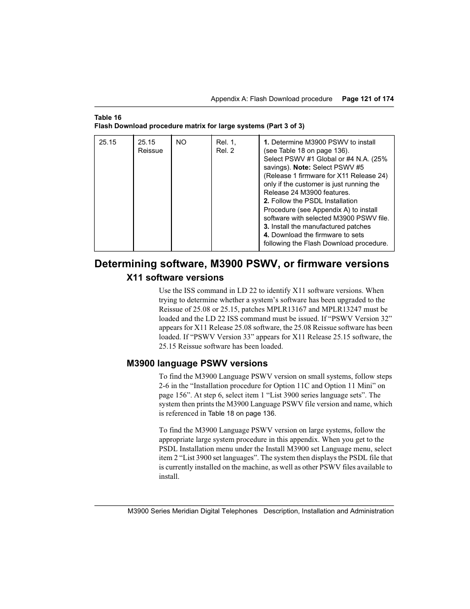 X11 software versions, M3900 language pswv versions, M3900 lang uag e pswv versions | Meridian Audio M3900 User Manual | Page 121 / 176