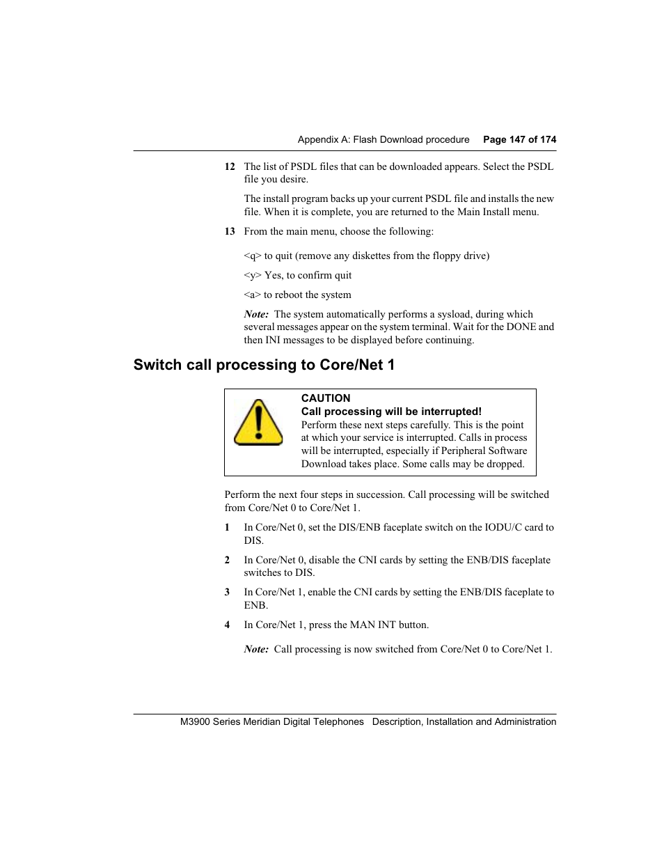 Switch call processing to core/net 1 | Meridian Audio M3900 User Manual | Page 147 / 176