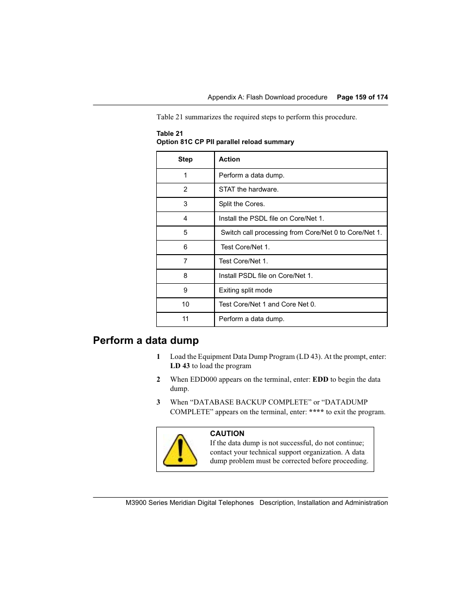 Perform a data dump | Meridian Audio M3900 User Manual | Page 159 / 176