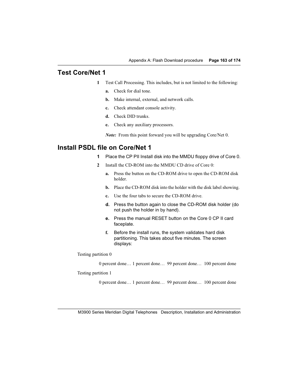 Test core/net 1, Install psdl file on core/net 1 | Meridian Audio M3900 User Manual | Page 163 / 176