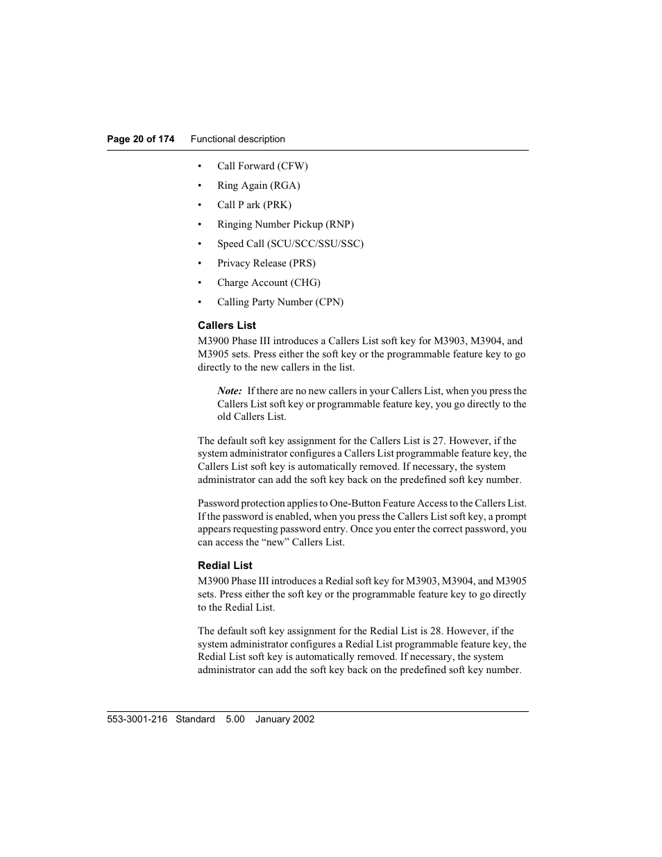 Callers list, Redial list | Meridian Audio M3900 User Manual | Page 20 / 176