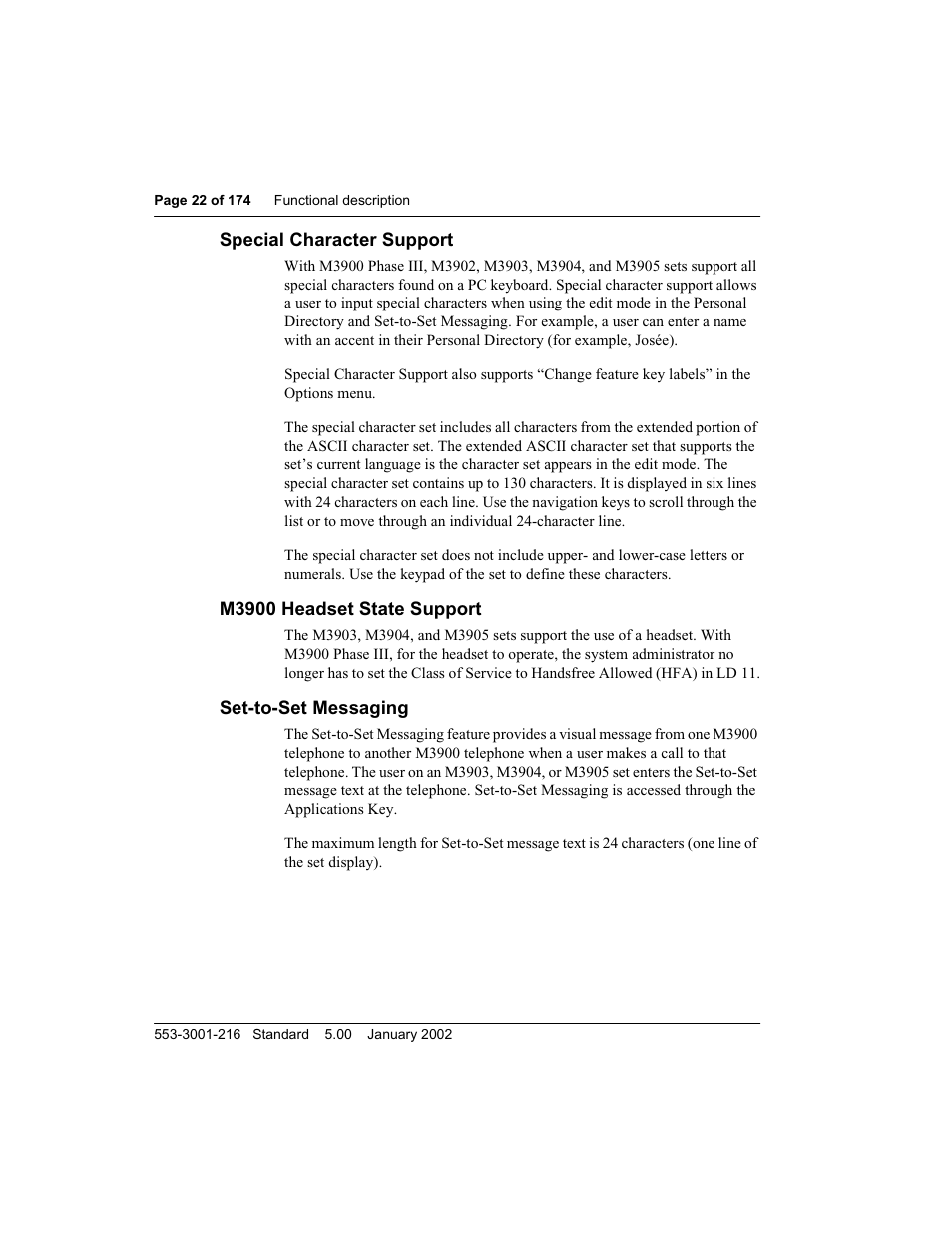 Special character support, M3900 headset state support, Set-to-set messaging | Set-to-set messag ing | Meridian Audio M3900 User Manual | Page 22 / 176