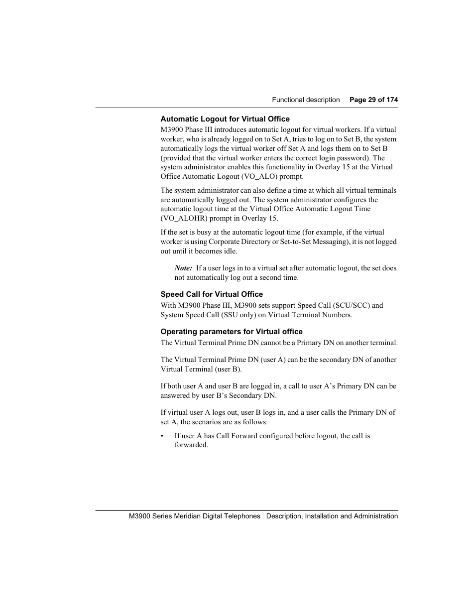 Automatic log out for virtual office, Speed call for virtual office, Operating parameters for virtual office | Meridian Audio M3900 User Manual | Page 29 / 176