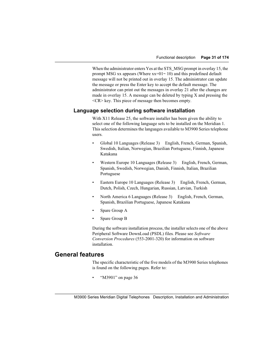 Language selection during software installation, General features, Lang uag e selection during software installation | Meridian Audio M3900 User Manual | Page 31 / 176