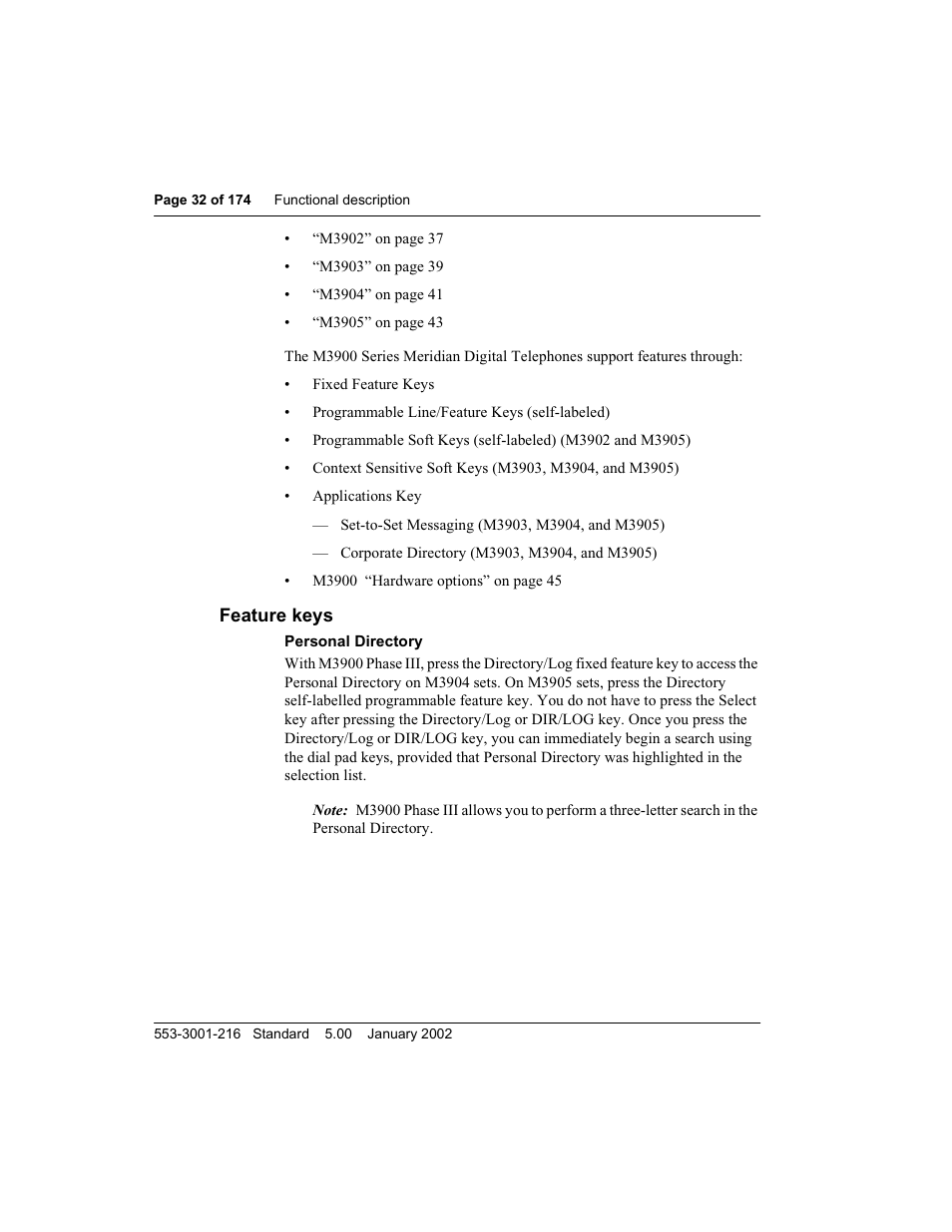 Feature keys, Personal directory | Meridian Audio M3900 User Manual | Page 32 / 176