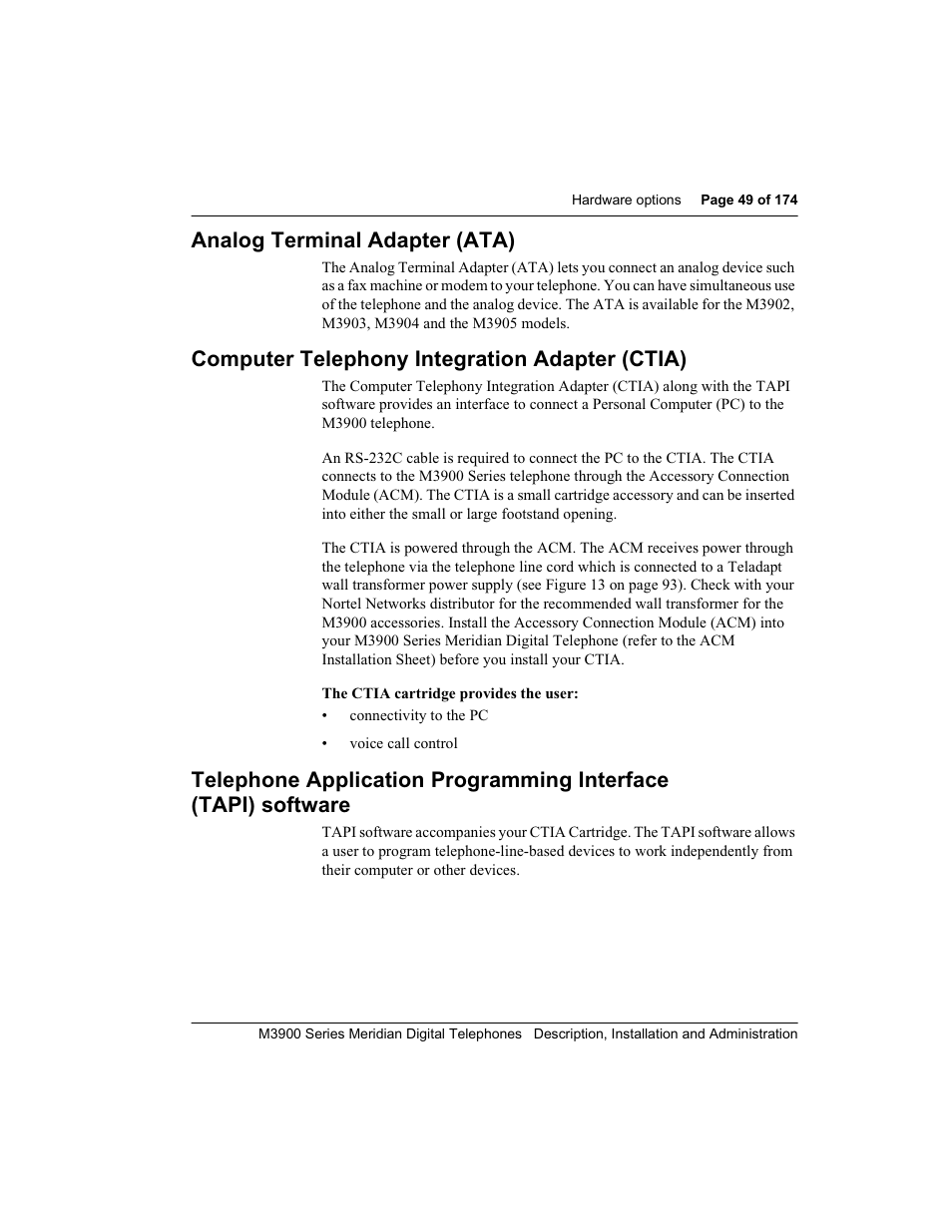 Analog terminal adapter (ata), Computer telephony integration adapter (ctia), Computer telephony integ ration adapter (ctia) | Meridian Audio M3900 User Manual | Page 49 / 176