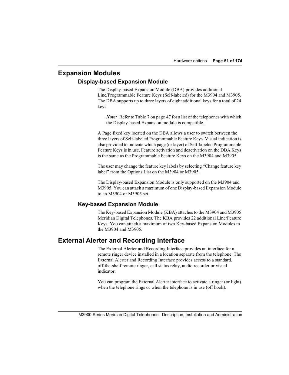 Expansion modules, Display-based expansion module, Key-based expansion module | External alerter and recording interface | Meridian Audio M3900 User Manual | Page 51 / 176