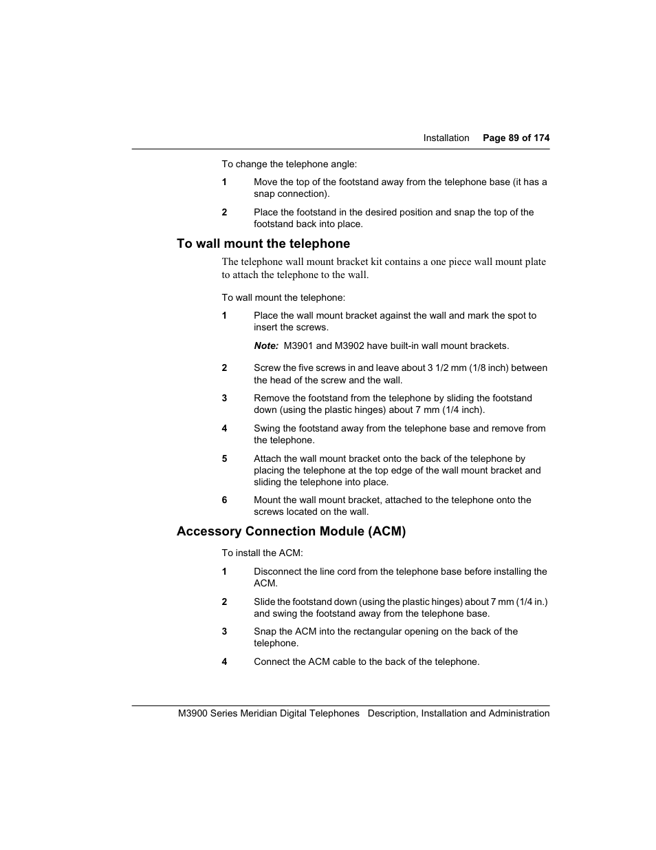 To wall mount the telephone, Accessory connection module (acm) | Meridian Audio M3900 User Manual | Page 89 / 176