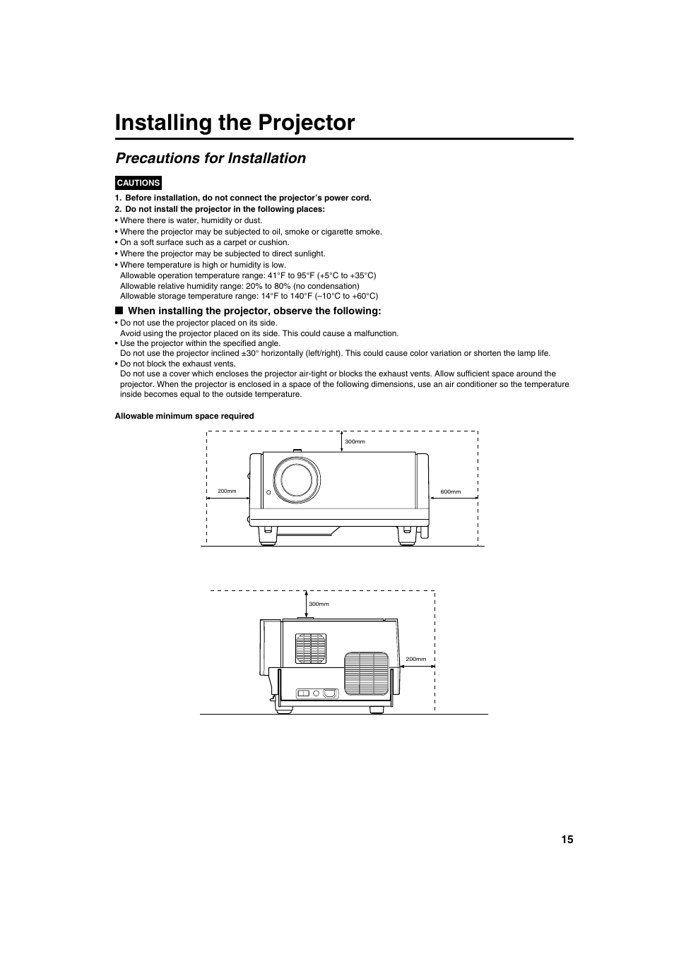 Installing the projector, Precautions for installation | Meridian Audio FDP-DILA2 User Manual | Page 15 / 80