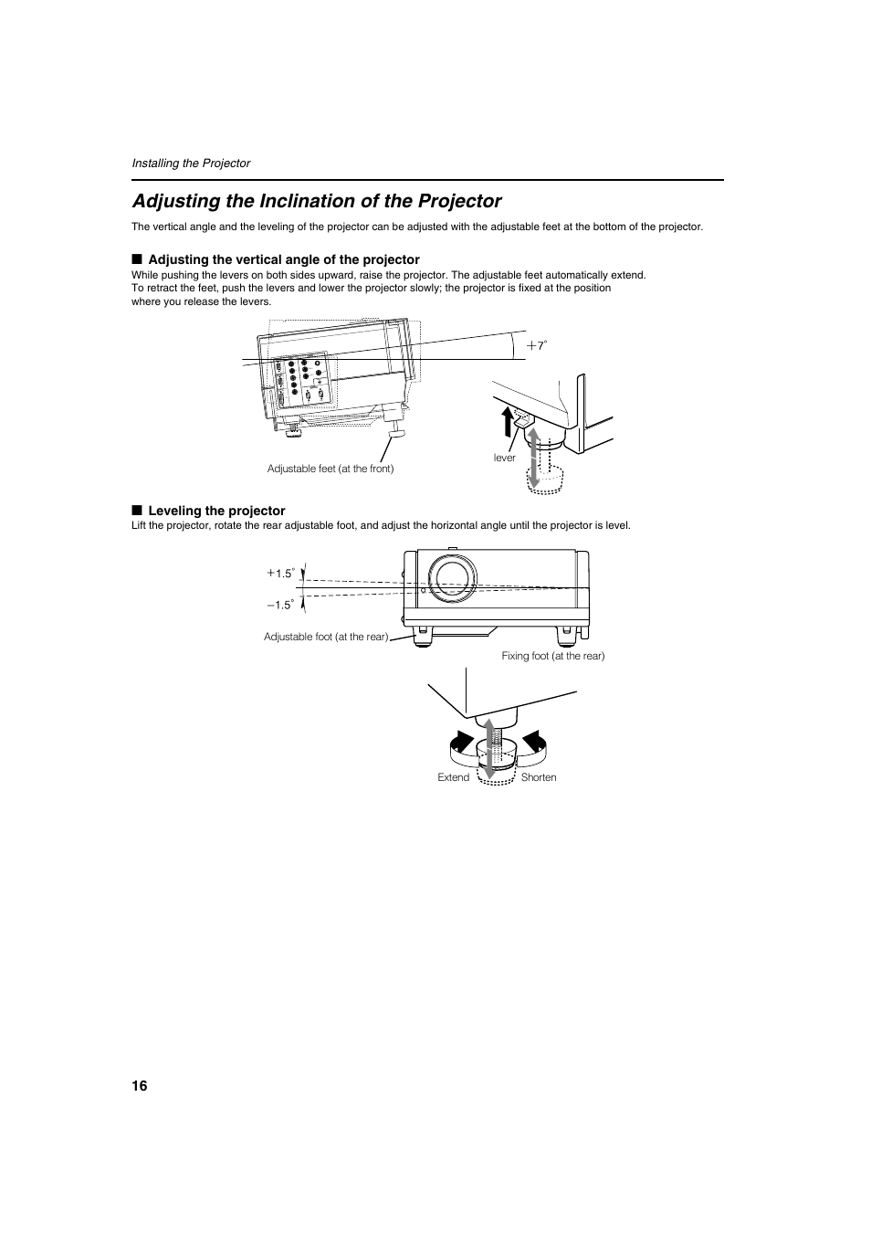 Adjusting the inclination of the projector | Meridian Audio FDP-DILA2 User Manual | Page 16 / 80