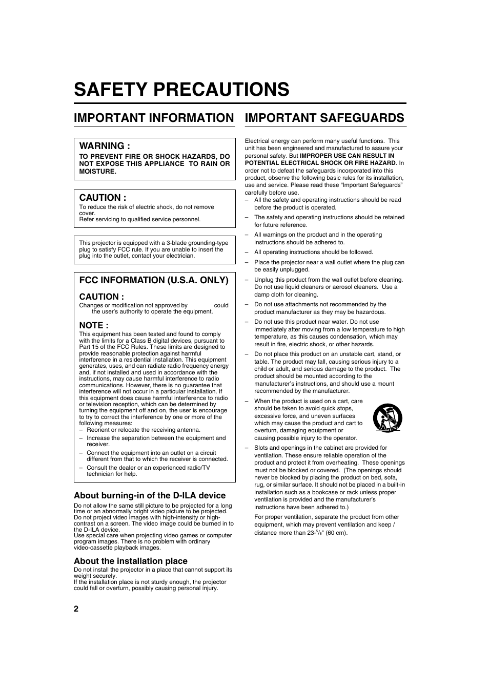 Safety precautions, Important information, Important safeguards | Warning, Caution, Fcc information (u.s.a. only) | Meridian Audio FDP-DILA2 User Manual | Page 2 / 80