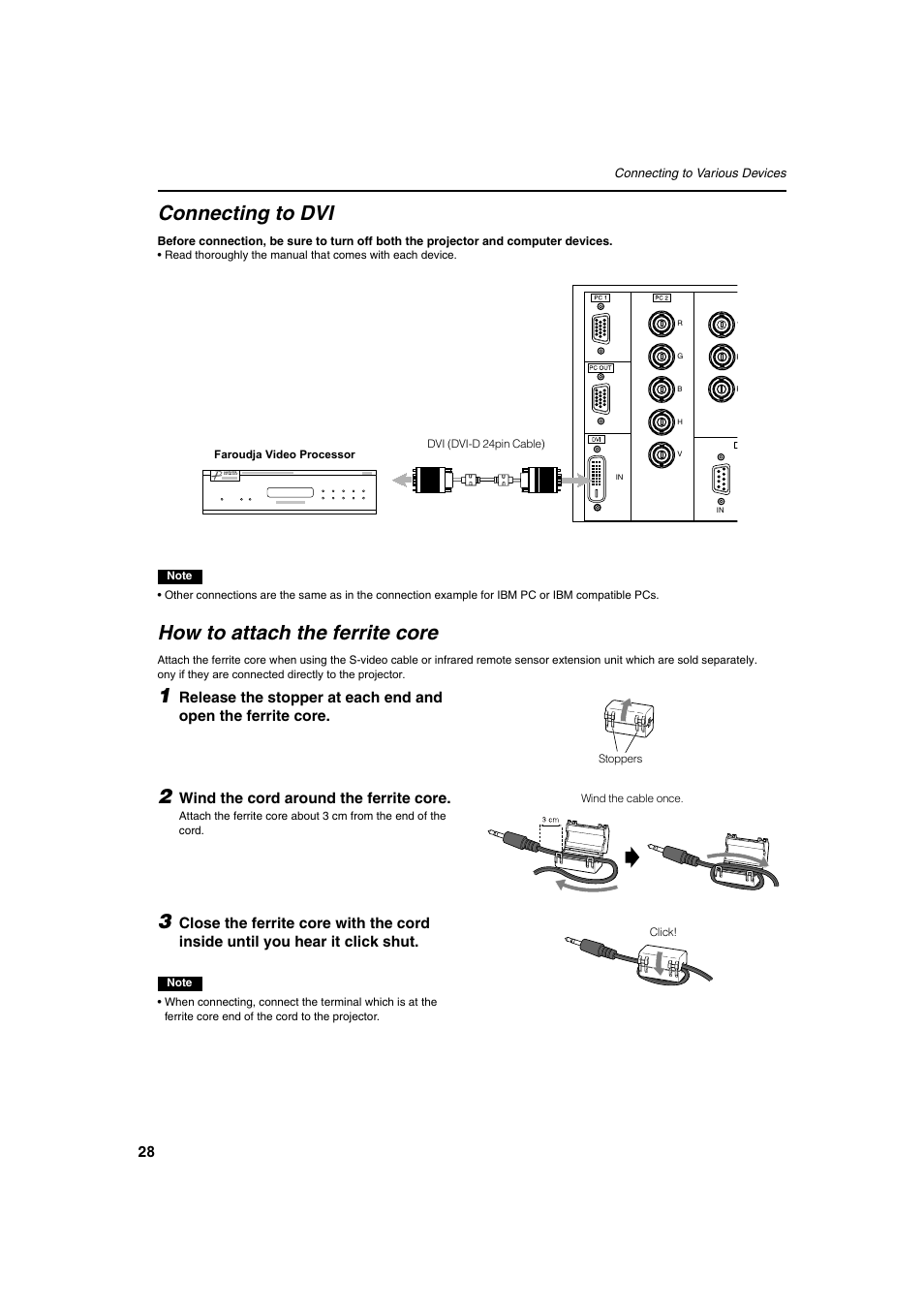 Connecting to dvi, How to attach the ferrite core | Meridian Audio FDP-DILA2 User Manual | Page 28 / 80