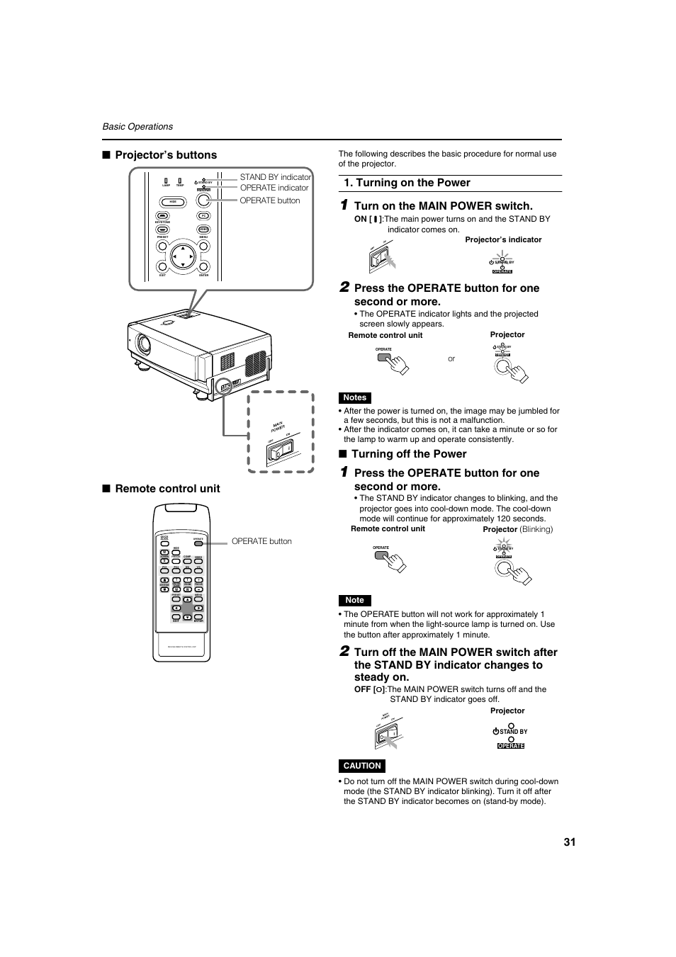 Projector’s buttons ■ remote control unit, Turning on the power, Turn on the main power switch | Press the operate button for one second or more, Turning off the power, Basic operations | Meridian Audio FDP-DILA2 User Manual | Page 31 / 80