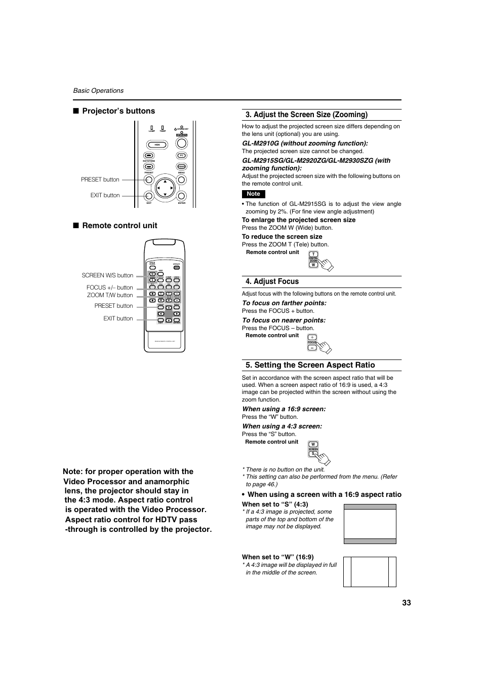 Adjust focus, Setting the screen aspect ratio, When using a screen with a 16:9 aspect ratio | Basic operations, Gl-m2910g (without zooming function), When using a 16:9 screen, When using a 4:3 screen, When set to “s” (4:3), When set to “w” (16:9) | Meridian Audio FDP-DILA2 User Manual | Page 33 / 80