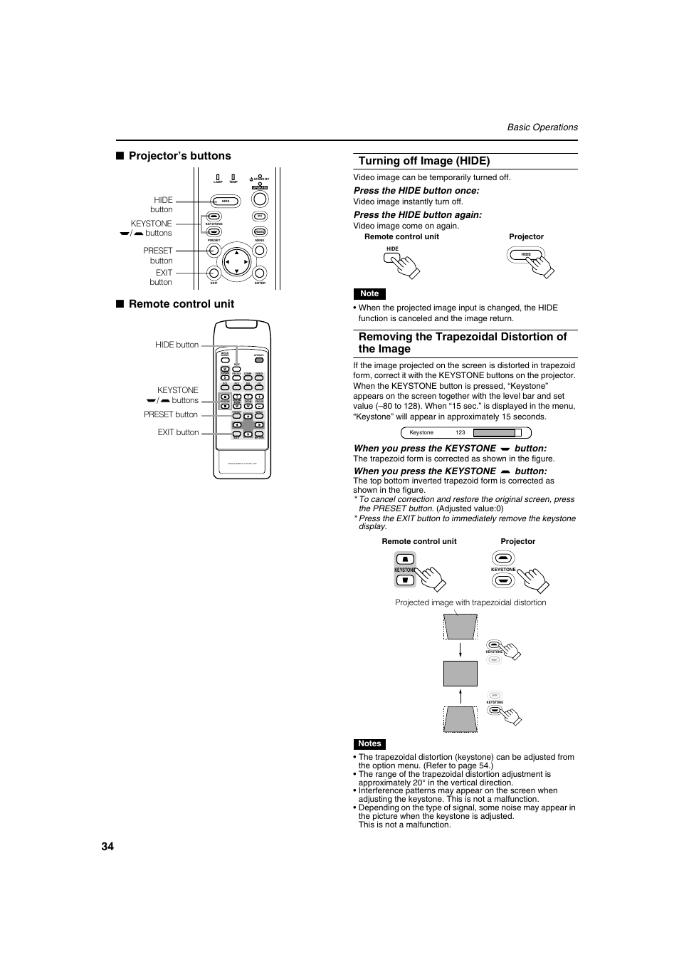 Removing the trapezoidal distortion of the image, Basic operations, Press the hide button once | Press the hide button again, When you press the keystone button | Meridian Audio FDP-DILA2 User Manual | Page 34 / 80