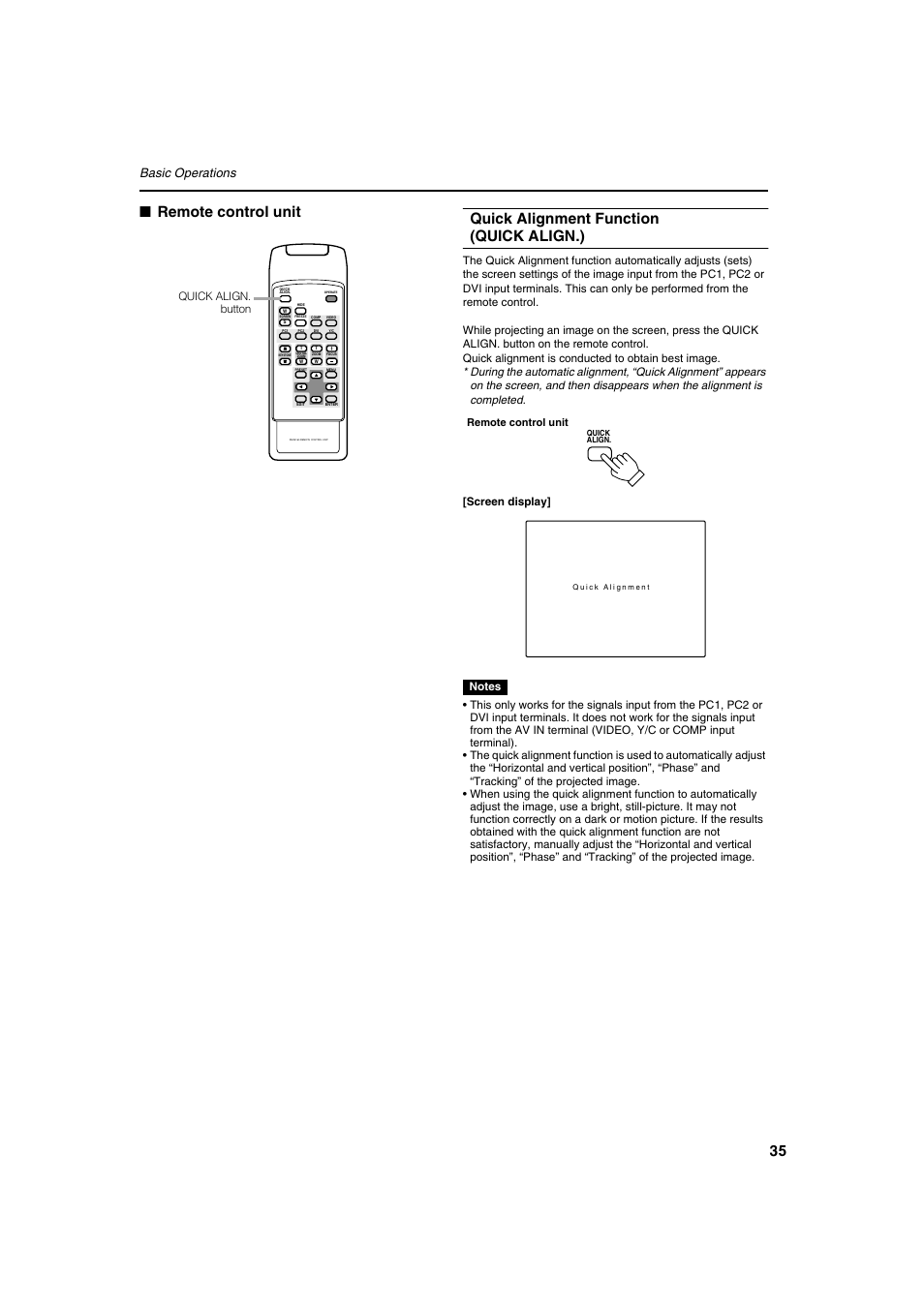 Basic operations, Quick align. button, Remote control unit | Meridian Audio FDP-DILA2 User Manual | Page 35 / 80
