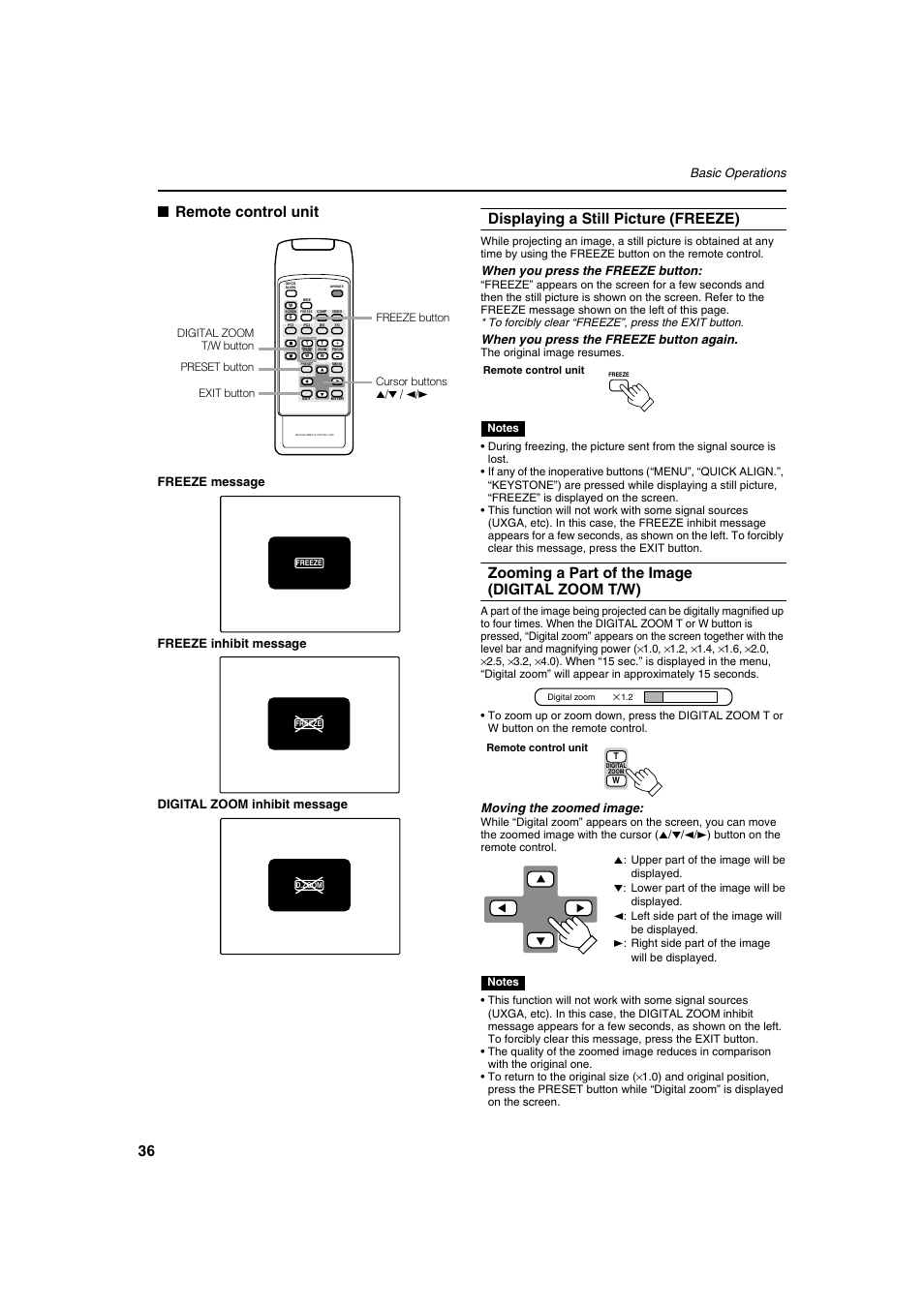 Remote control unit, Displaying a still picture (freeze), Zooming a part of the image (digital zoom t/w) | Basic operations, When you press the freeze button, When you press the freeze button again, Moving the zoomed image | Meridian Audio FDP-DILA2 User Manual | Page 36 / 80