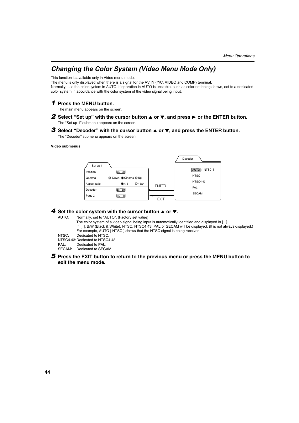 Changing the color system (video menu mode only) | Meridian Audio FDP-DILA2 User Manual | Page 44 / 80