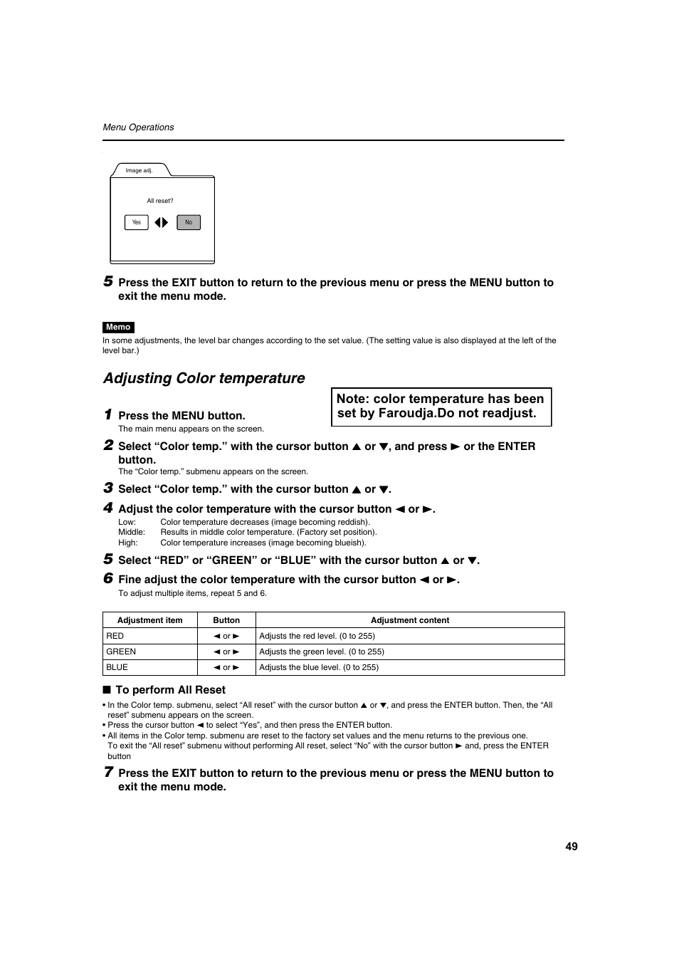 Adjusting color temperature | Meridian Audio FDP-DILA2 User Manual | Page 49 / 80