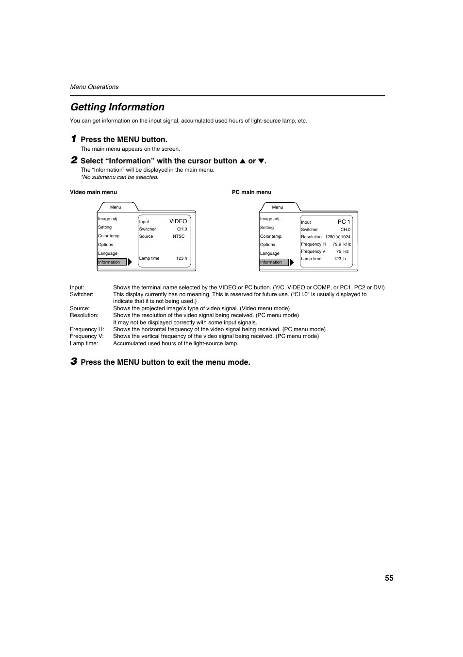 Getting information, Press the menu button, Press the menu button to exit the menu mode | Meridian Audio FDP-DILA2 User Manual | Page 55 / 80