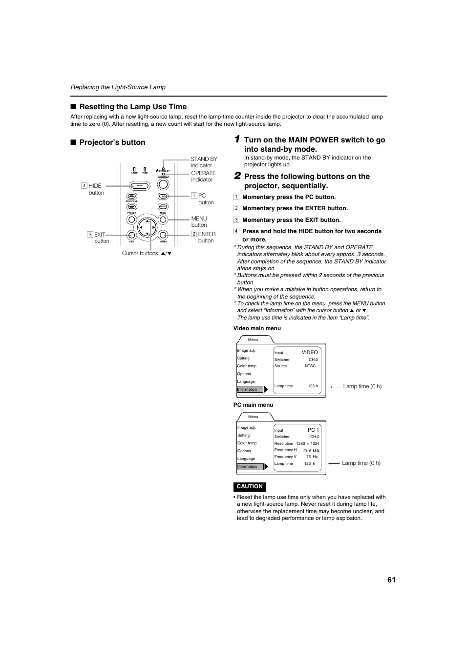 Resetting the lamp use time, Projector’s button | Meridian Audio FDP-DILA2 User Manual | Page 61 / 80