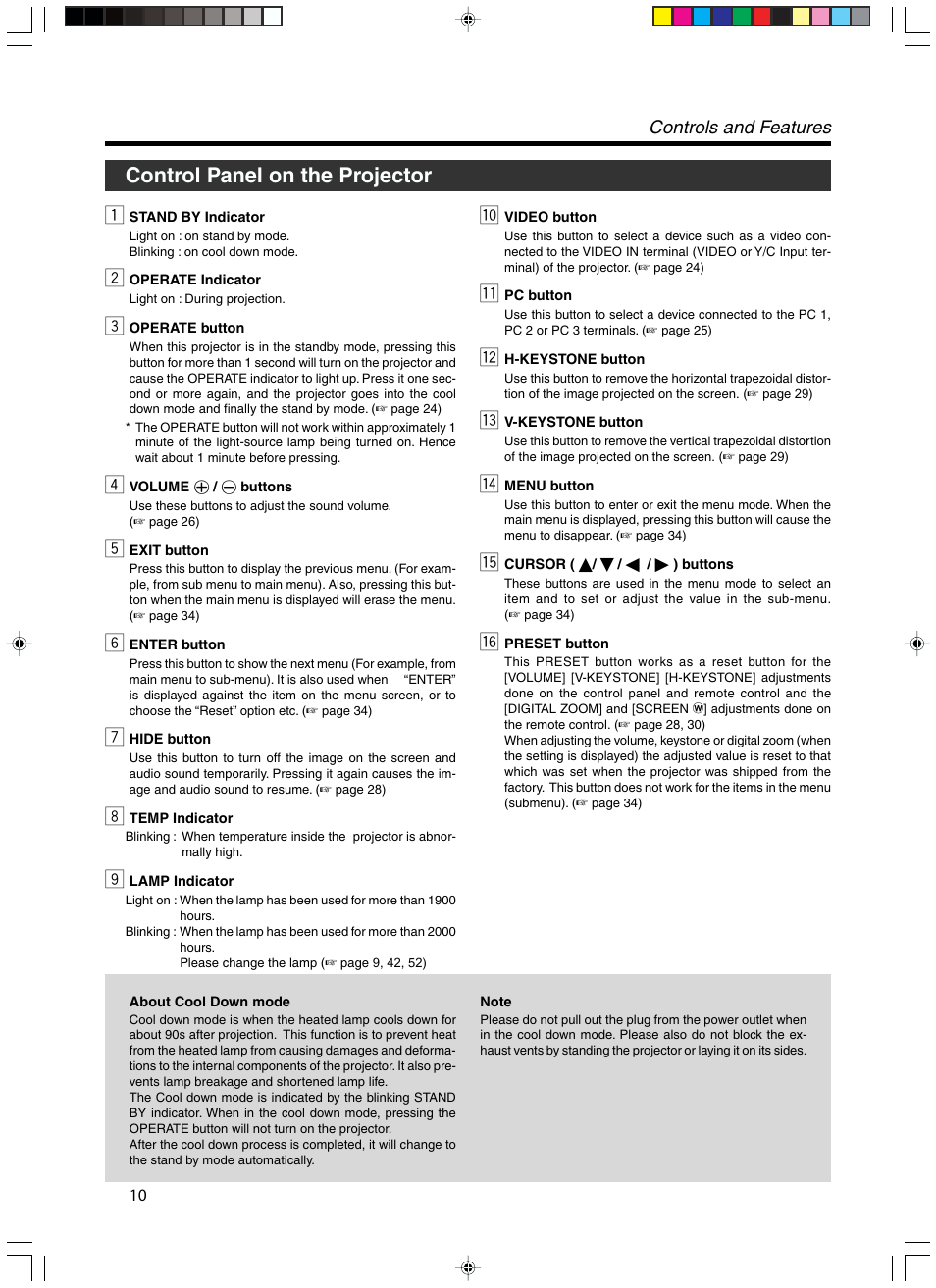 Control panel on the projector, Controls and features | Meridian Audio FDP-DILA3 User Manual | Page 10 / 57