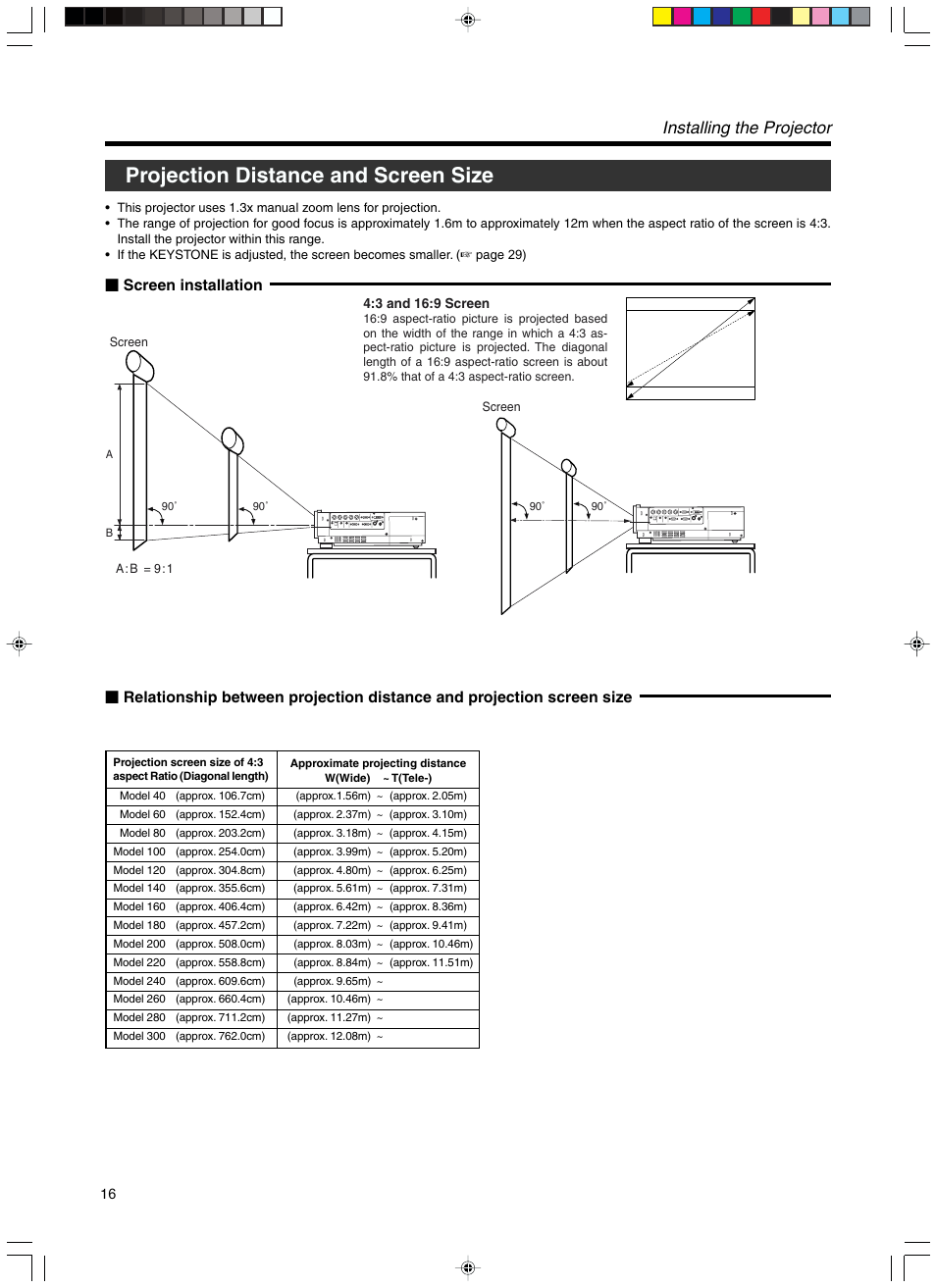 Projection distance and screen size, Installing the projector | Meridian Audio FDP-DILA3 User Manual | Page 16 / 57