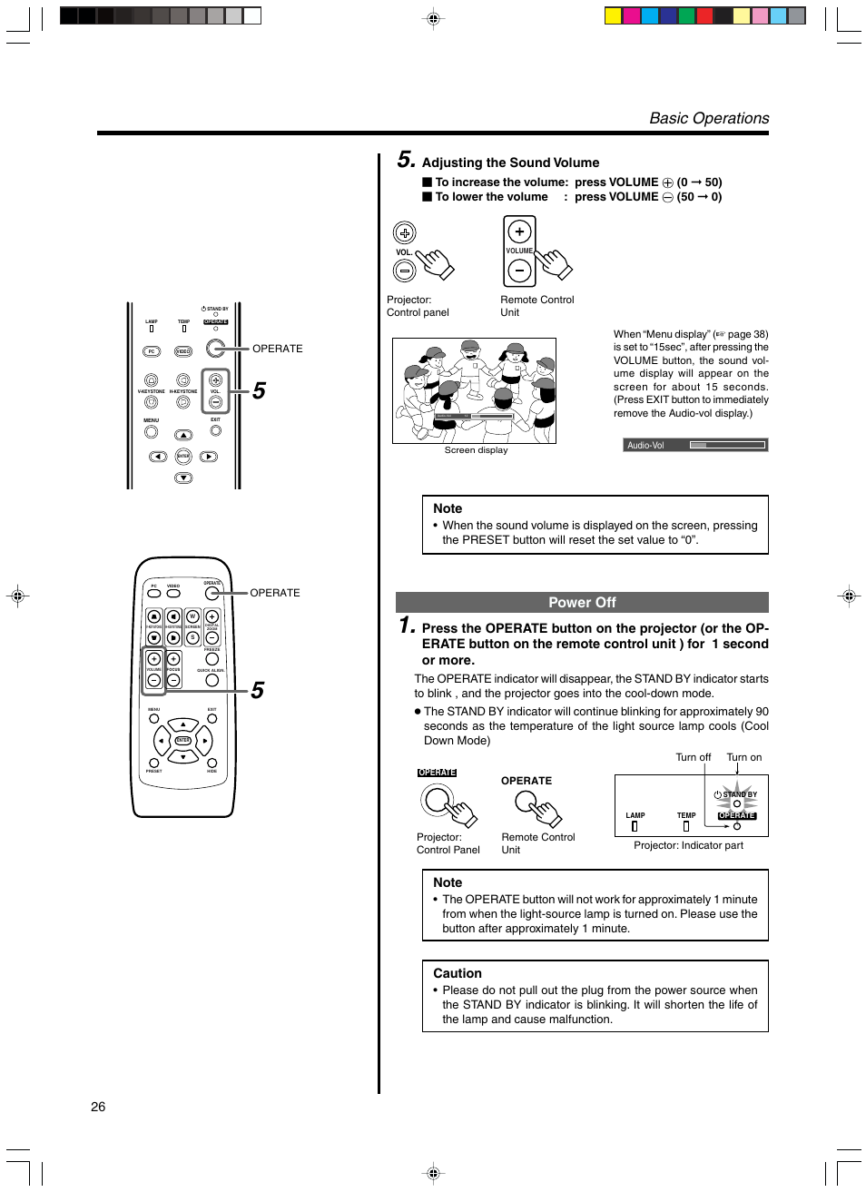 W power off, Basic operations, Power off | Adjusting the sound volume, Caution | Meridian Audio FDP-DILA3 User Manual | Page 26 / 57