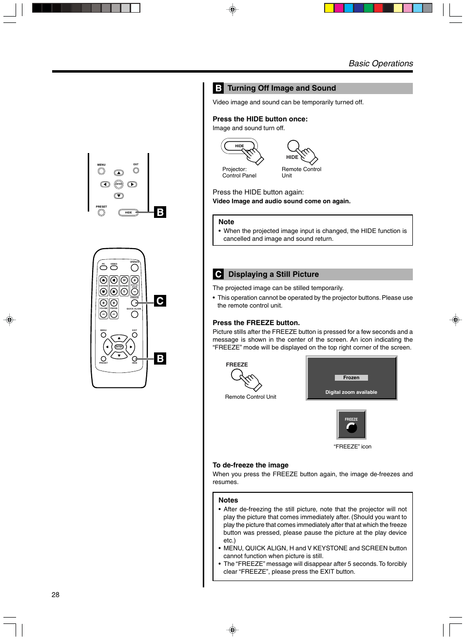 Turning off image and sound, W displaying a still picture, Basic operations | Displaying a still picture, Press the hide button once, Press the hide button again, Press the freeze button, Image and sound turn off, Video image and audio sound come on again | Meridian Audio FDP-DILA3 User Manual | Page 28 / 57