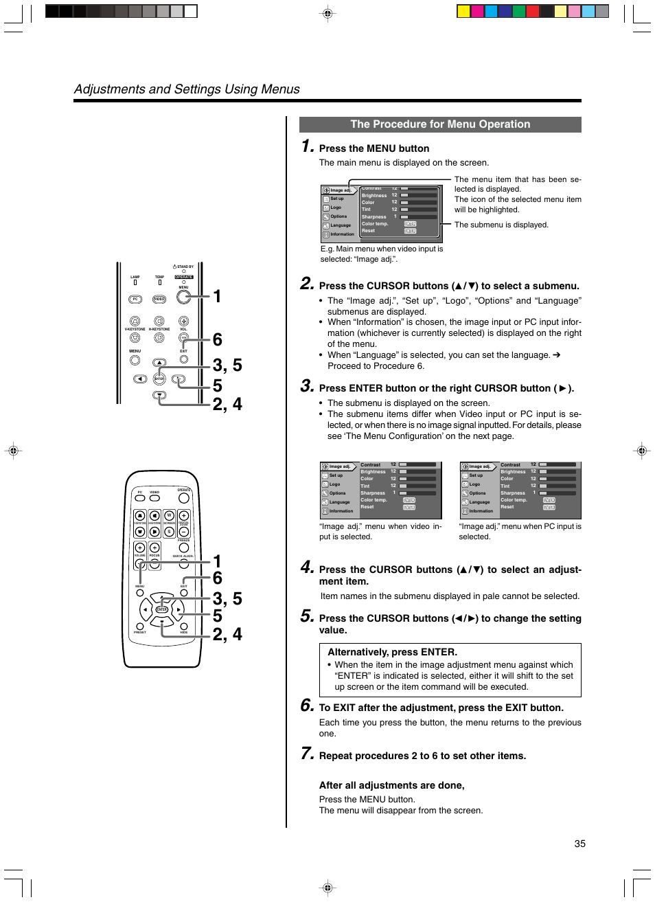 The procedure for menu operation, Adjustments and settings using menus, Press the menu button | Press the cursor buttons, Press enter button or the right cursor button, Alternatively, press enter | Meridian Audio FDP-DILA3 User Manual | Page 35 / 57