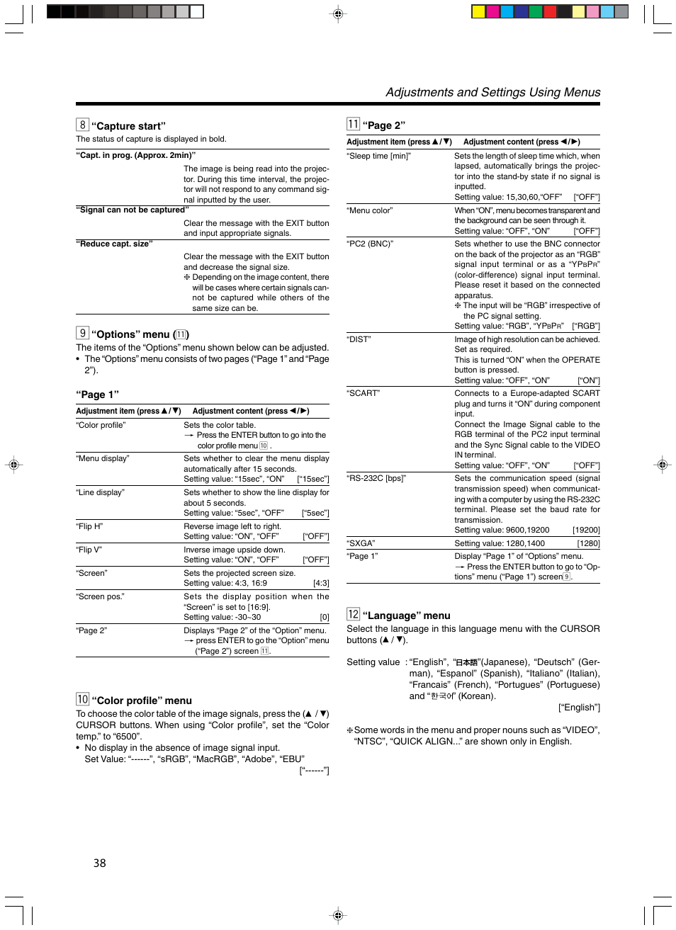 “capture start, “options” menu (110), “color profile” menu | “language” menu, Adjustments and settings using menus | Meridian Audio FDP-DILA3 User Manual | Page 38 / 57