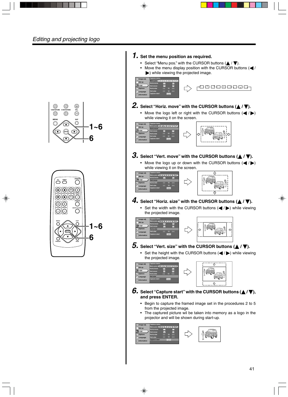 Editing and projecting logo, Set the menu position as required | Meridian Audio FDP-DILA3 User Manual | Page 41 / 57