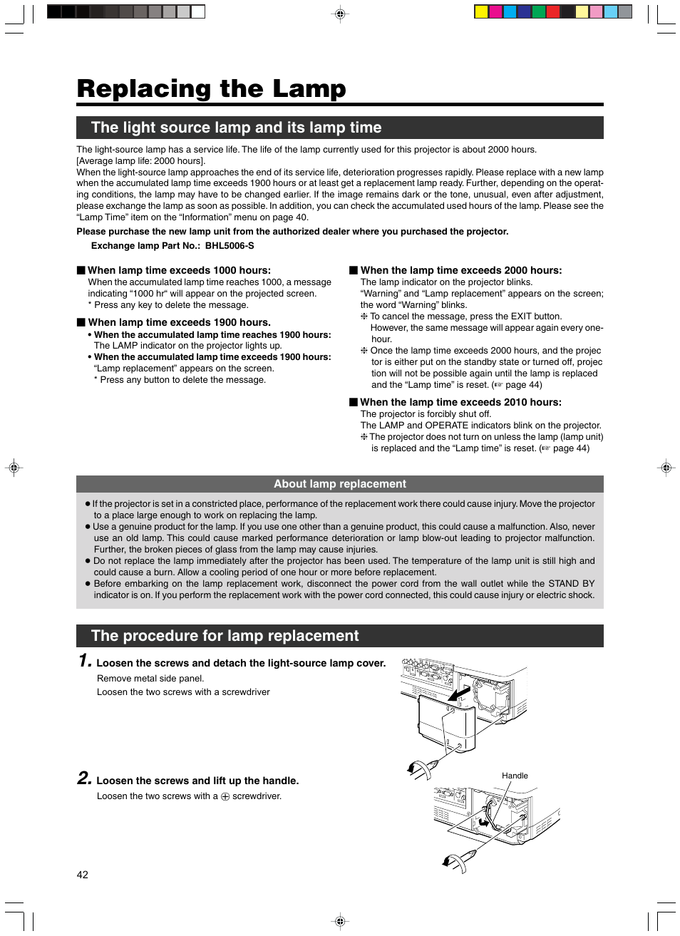 Replacing the lamp, The light source lamp and its lamp time, The procedure for lamp replacement | Meridian Audio FDP-DILA3 User Manual | Page 42 / 57
