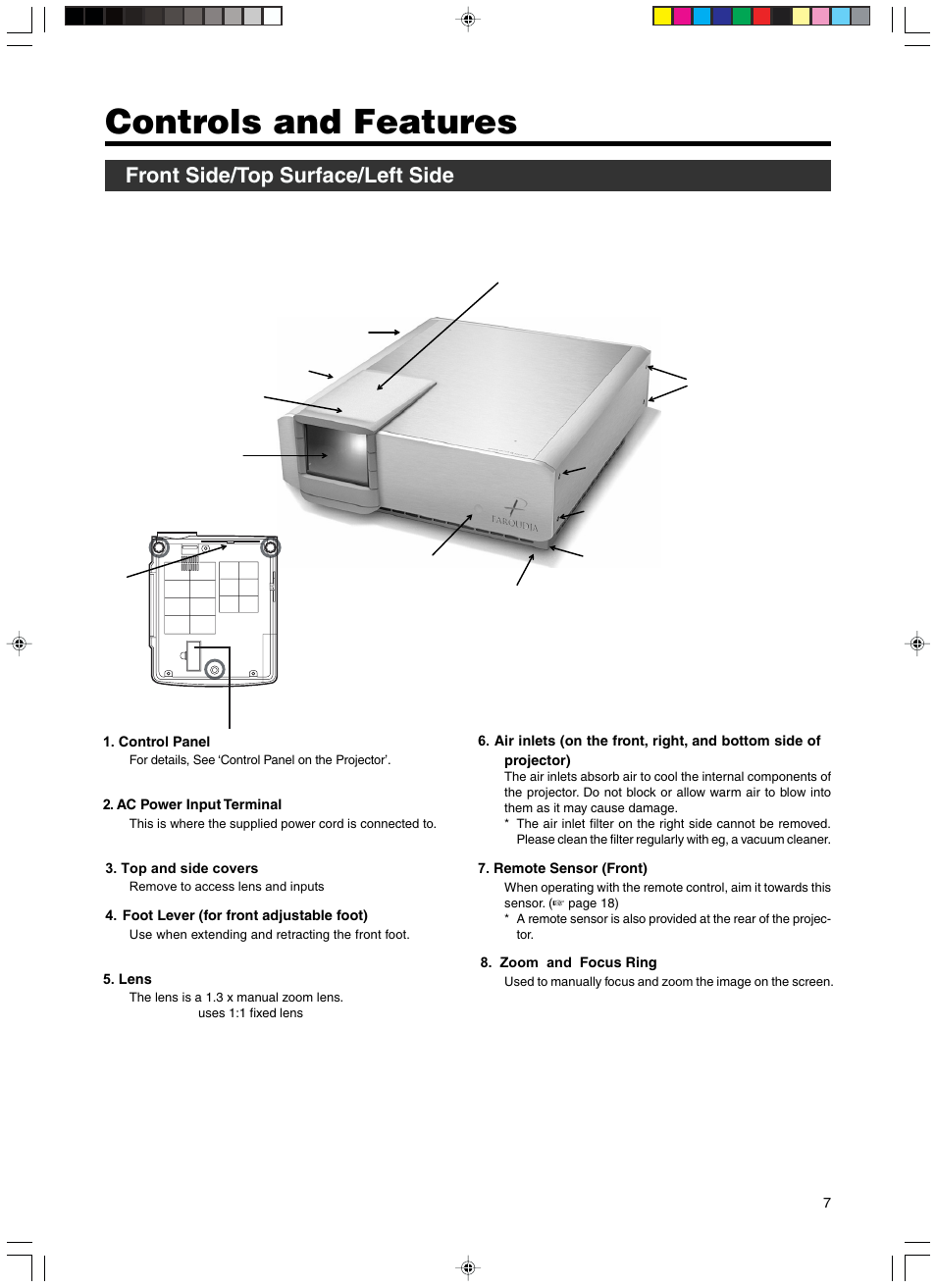 Controls and features, Front side/top surface/left side | Meridian Audio FDP-DILA3 User Manual | Page 7 / 57