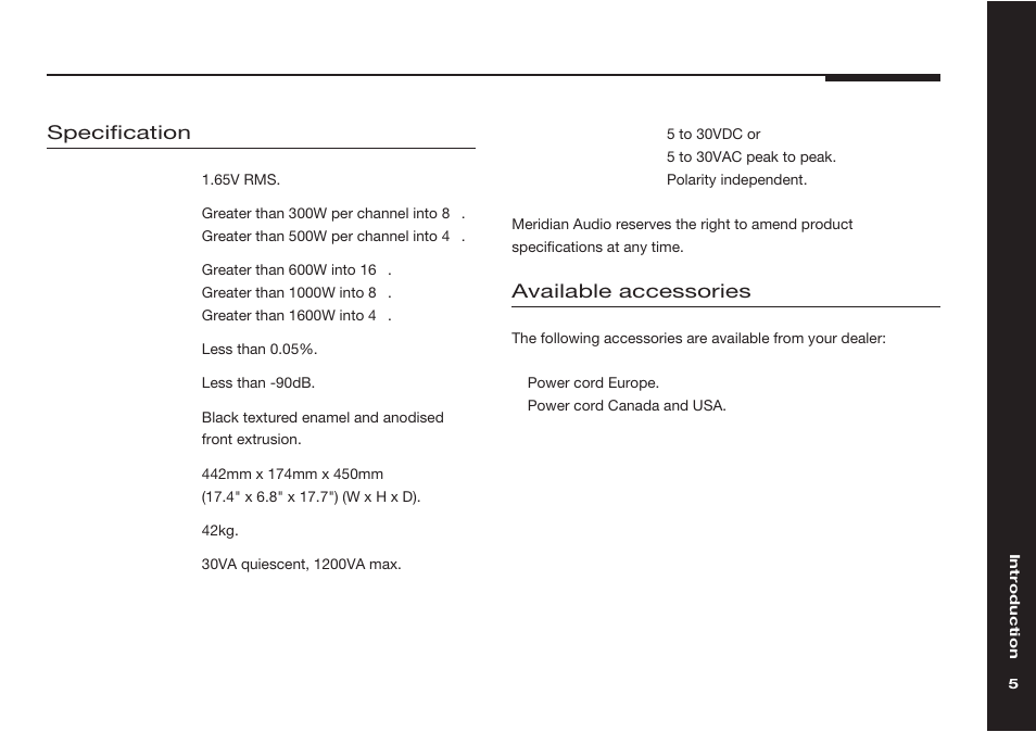 Specification and accessories, Accessories, Specification | Available accessories | Meridian Audio Meridian two channel power amplifer 559 User Manual | Page 10 / 27