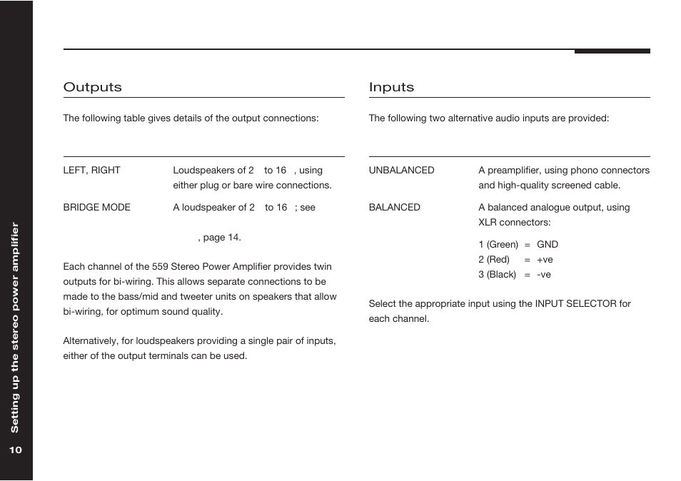Bi-wire connection, Bridge mode, Inputs | Xlr connectors, Outputs | Meridian Audio Meridian two channel power amplifer 559 User Manual | Page 15 / 27