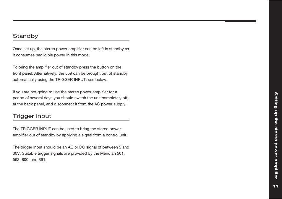 Switching on, Trigger input, Standby | Meridian Audio Meridian two channel power amplifer 559 User Manual | Page 16 / 27