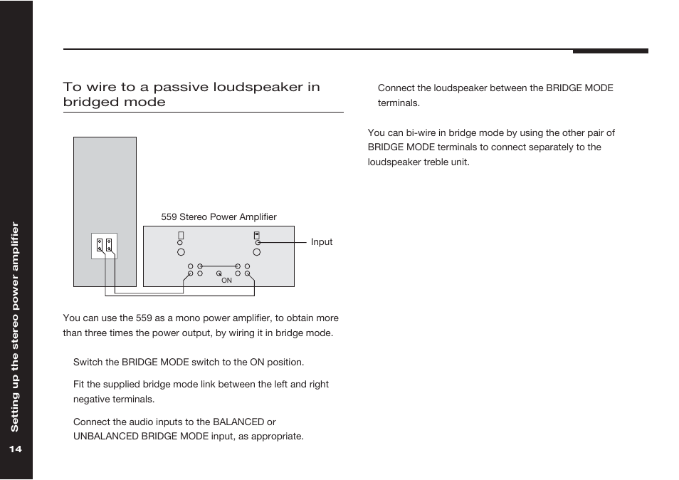 A loudspeaker of 2, To 16, See to | Wire to a passive loudspeaker in bridge | Meridian Audio Meridian two channel power amplifer 559 User Manual | Page 19 / 27