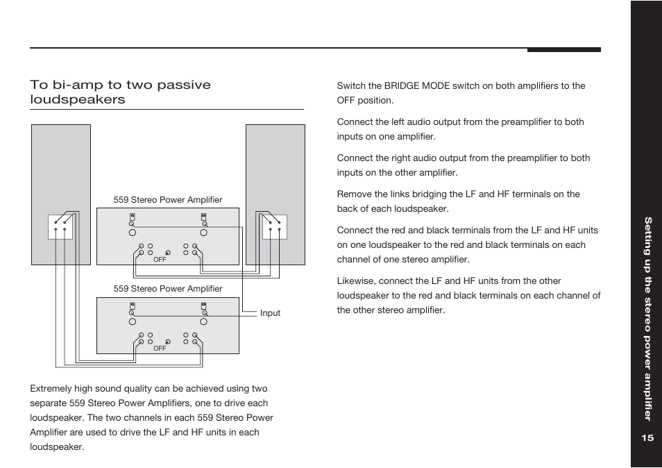 Bi-amp connection, Two passive loudspeakers | Meridian Audio Meridian two channel power amplifer 559 User Manual | Page 20 / 27