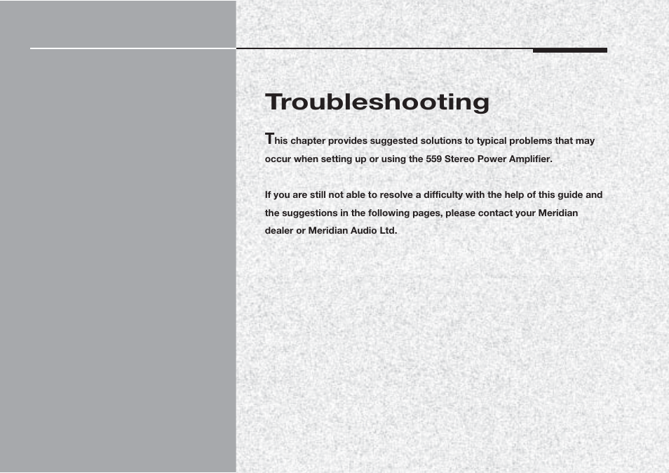 Troubleshooting, Troubleshooting 17 | Meridian Audio Meridian two channel power amplifer 559 User Manual | Page 22 / 27