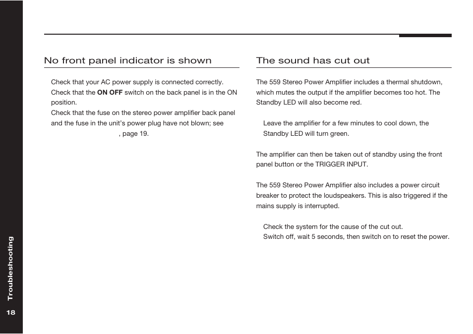 Troubleshooting, Sound has cut out, Thermal protection | Meridian Audio Meridian two channel power amplifer 559 User Manual | Page 23 / 27