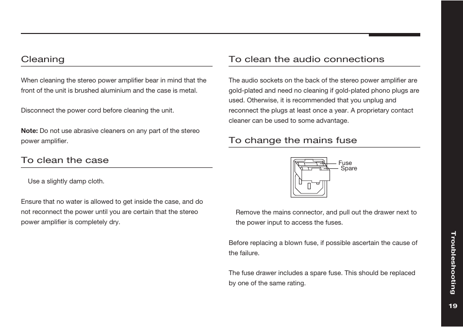 Maintenance, Cleaning, The audio connections | The case, Fuse, replacing | Meridian Audio Meridian two channel power amplifer 559 User Manual | Page 24 / 27