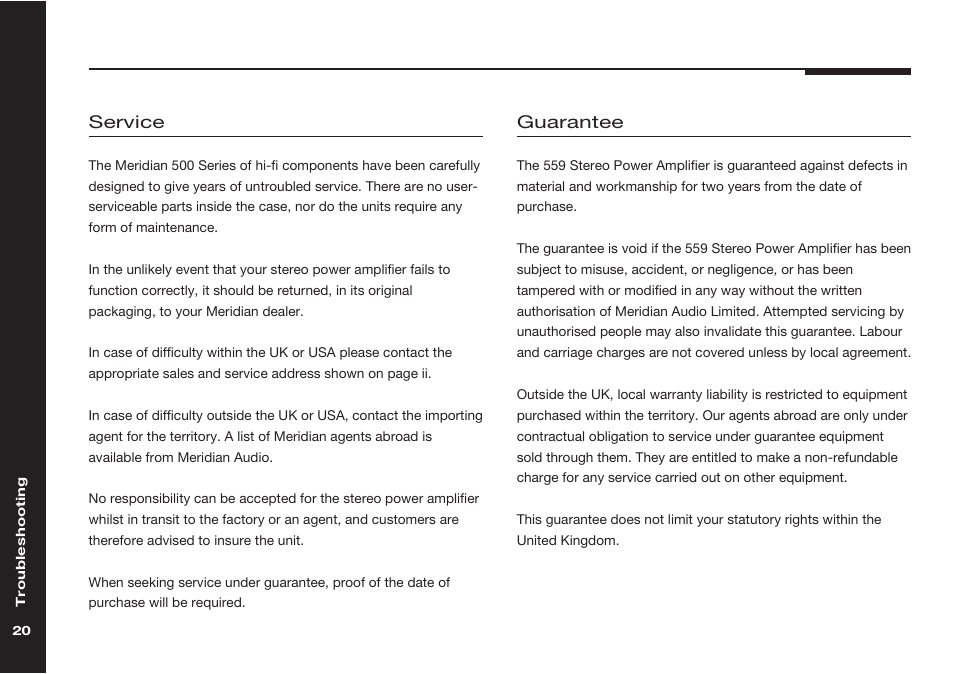 Service and guarantee, Guarantee, Service | Meridian Audio Meridian two channel power amplifer 559 User Manual | Page 25 / 27
