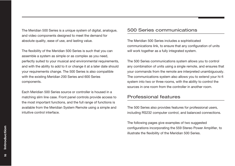 The meridian 500 series, Meridian 500 series, Communications | Meridian system remote, 500 series communications, Professional features | Meridian Audio Meridian two channel power amplifer 559 User Manual | Page 7 / 27