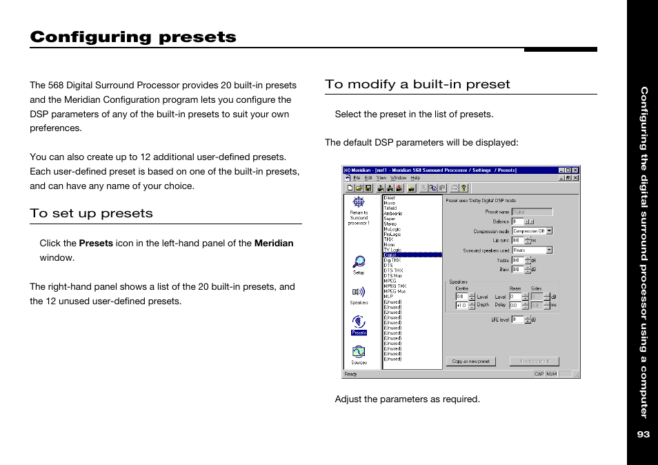 Configuring presets, Configuring using a pc, Modifying a built-in preset using a pc | Meridian Audio 568 User Manual | Page 100 / 131